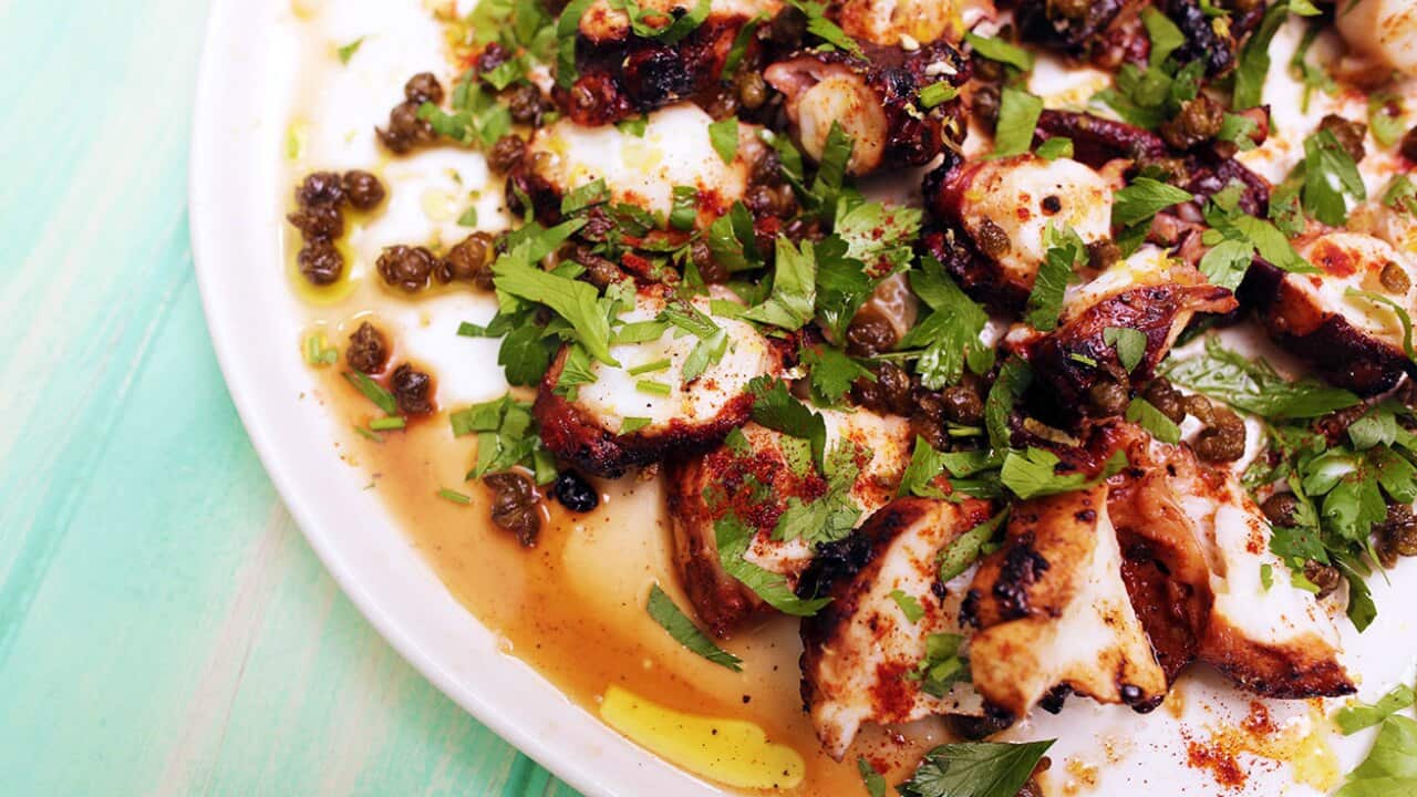 Charred octopus and capers