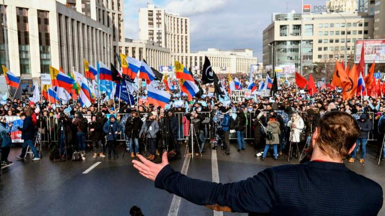 People attend an opposition rally in central Moscow on March 10, 2019, to demand internet freedom in Russia.