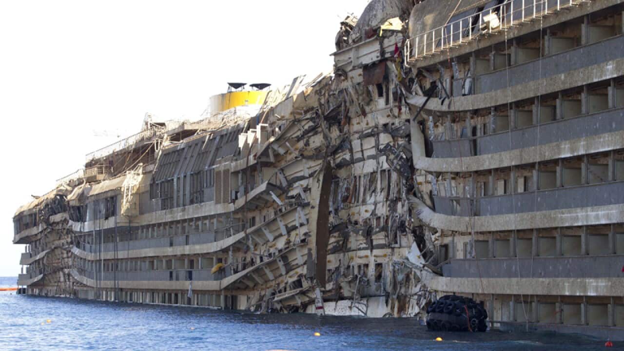 The Italian cruise ship Costa Concordia after it was lifted upright