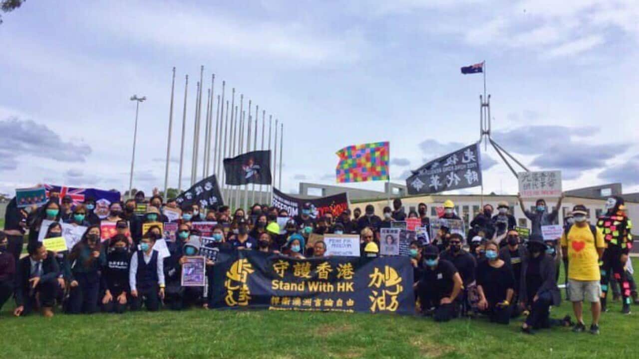 Australia-Hong Kong Link's members and supporters at Parliament House in Canberra.