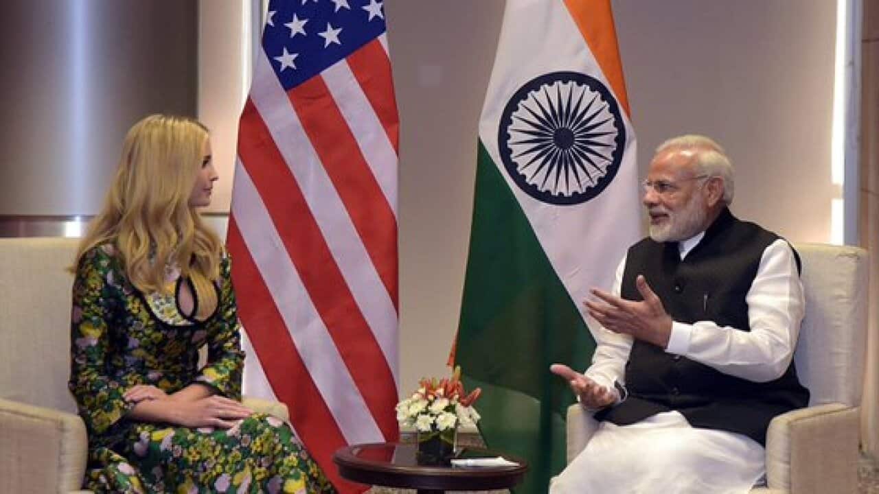 Ivanka Trump meeting Indian Prime Minister Narendra Modi during her visit to Hyderabad for a summit