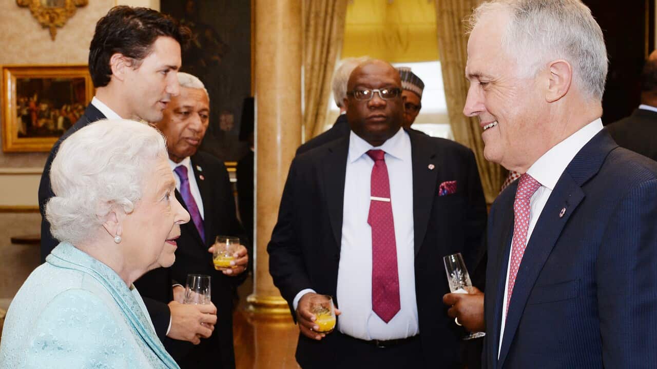 Queen Elizabeth II talks to Australian Prime Minister Malcolm Turnbull Photo credit should read: John Stillwell/PA Wire