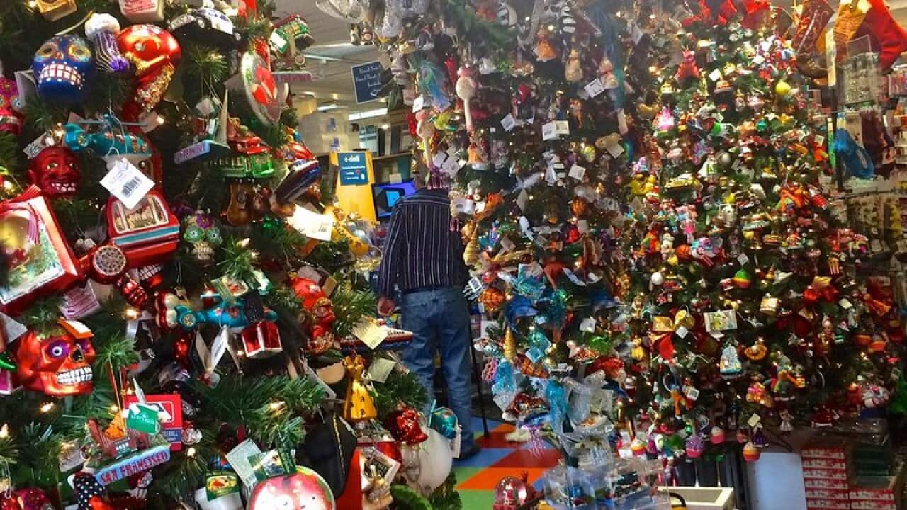 Store Abundance of Xmas Decor Including Upside Down Tree
