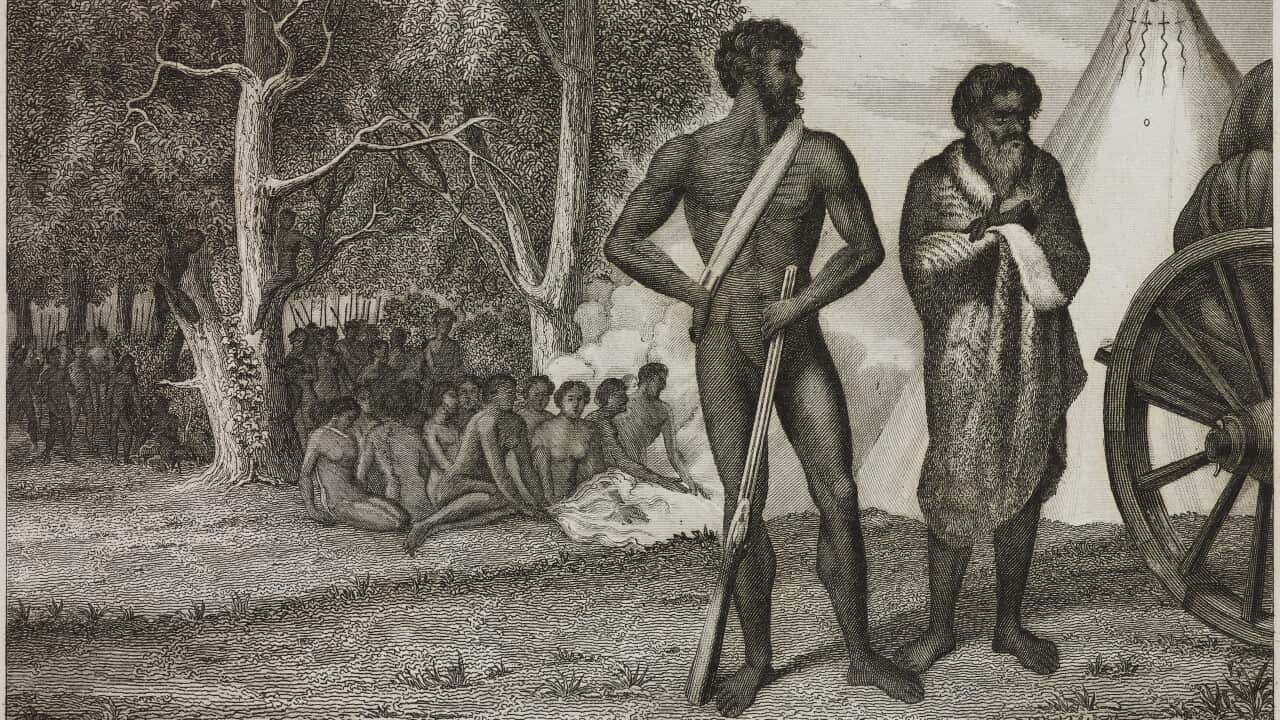 A nineteenth century engraving ot an aboriginal camp by Marmocchi