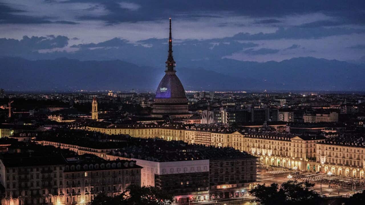 Il logo di Eurovision proiettato sulla Mole Antonelliana, simbolo del capoluogo piemontese