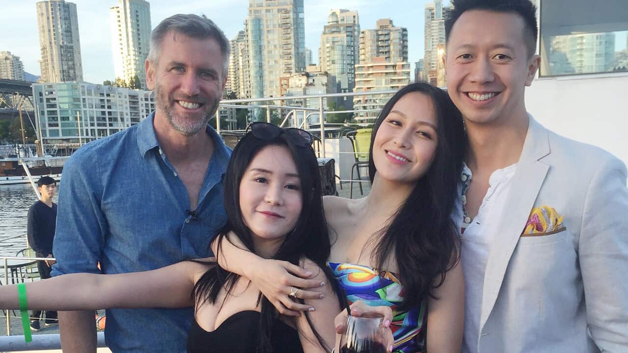 Aaron and two of the Ultra Rich Asian Girls, Chelsea and Diana, pose with the show's creator, Kevin Li.