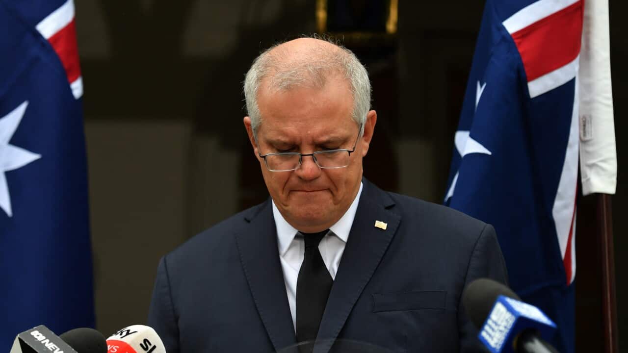 Australian Prime Minister Scott Morrison speaks to the media during a press conference following the death of Prince Philip, Duke of Edinburgh at Kirribilli House in Sydney, Saturday, April 10, 2021. (AAP Image/Mick Tsikas) NO ARCHIVING