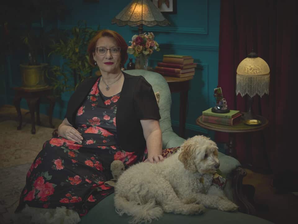 Dr Jeni Haynes in a black dress in 'We Are Jeni'.