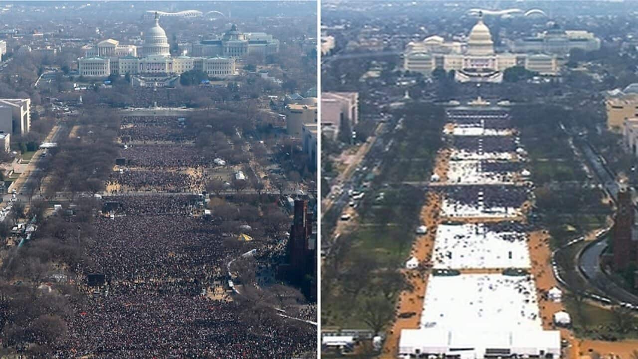 Barack Obama's inauguration in 2009 (left) and Donald Trump's in 2017