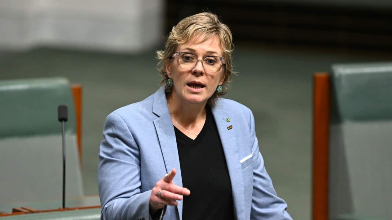A woman in a blue suit points and she speaks in the Australian House of Representatives.