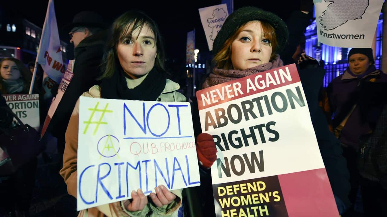 Prohoice activists rally outside City Hall on January 15, 2016 in Belfast, Northern Ireland.