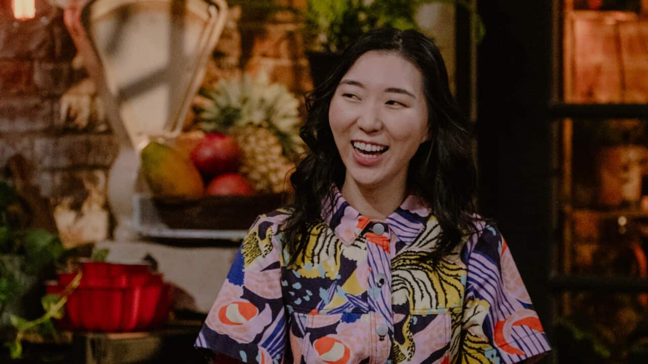 Jenny Tian on set with Adam Liaw at The Cook Up Season 7