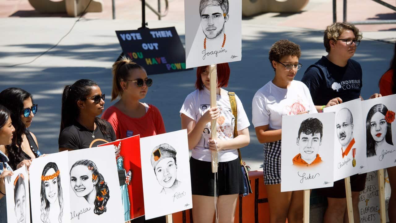 Students in support of gun control protest against the National Rifle Association (NRA) during a rally and march in California, USA, 4 August 2018.