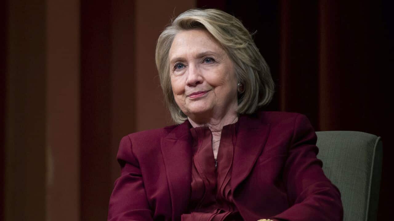 Hillary Clinton lectures on foreign policy at Rackham Auditorium, Thursday, Oct. 10, 2019 in Ann Arbor, Mich.(Jacob Hamilton/Ann Arbor News via AP)