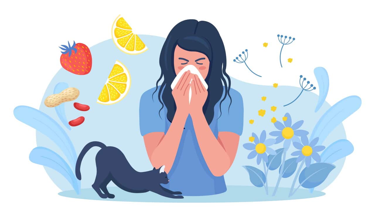 Woman with allergy from pollen, cat fur, citrus, peanuts or berry. Runny nose and watery eyes. Seasonal disease. Causes of allergy. Illness with cough, cold and sneeze symptoms. Vector design