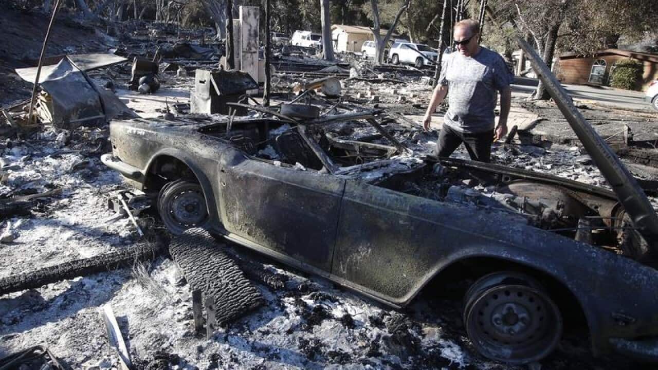 A burned out vintage sports destroyed by fire in California