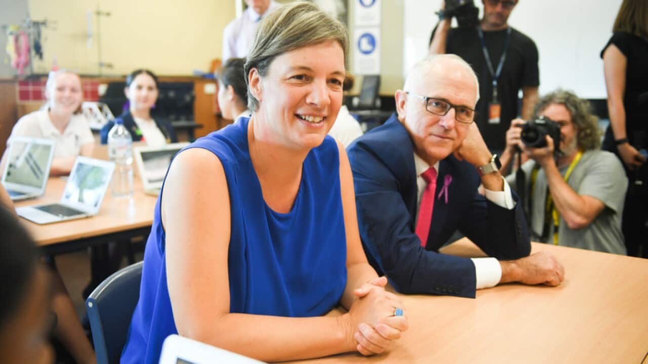 Michelle Simmons, left, and Malcolm Turnbull at a Sydney girls school