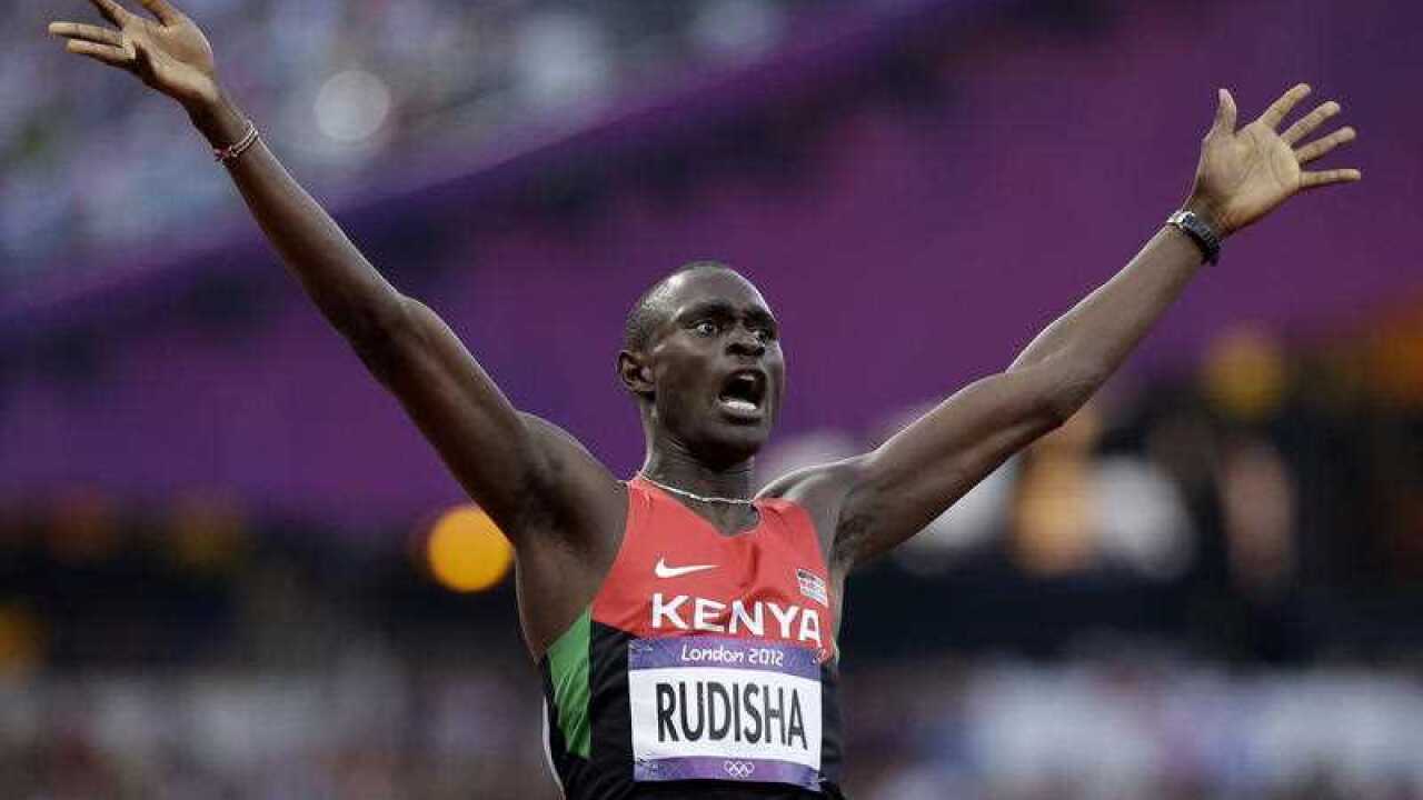 Kenya's David Lekuta Rudisha celebrates his win in the men's 800-meter final during the athletics at the 2012 Summer Olympics, London.