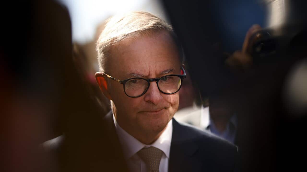 Australian Opposition Leader Anthony Albanese speaks to media during a doorstop on Day 1 of the 2022 federal election campaign, in Devonport, Monday, April 11, 2022. (AAP Image/Lukas Coch) NO ARCHIVING