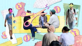 A collage-style digital graphic on a blue grid background showing students sitting and walking, overlaid with illustrations of yellow scissors and cracked dollar sign symbols.