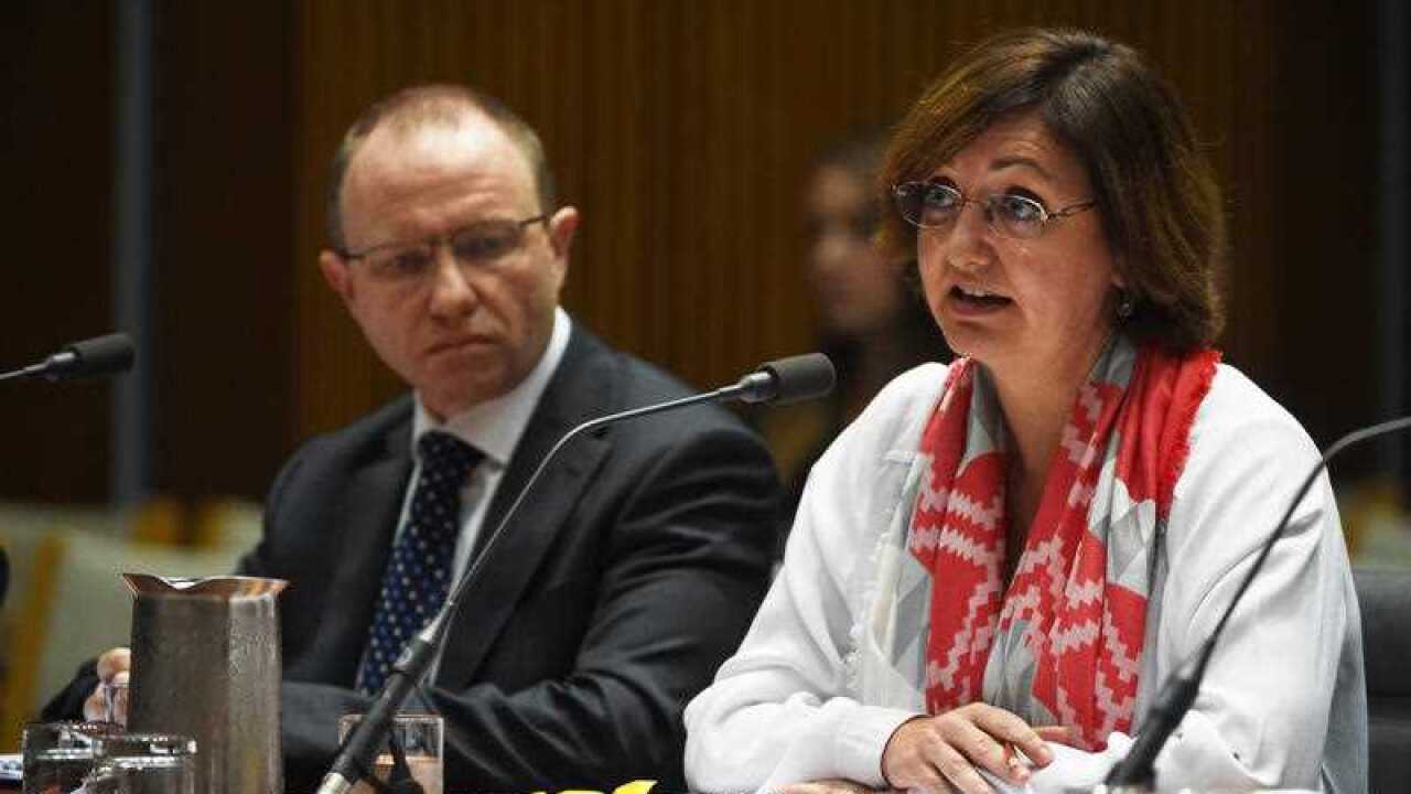 Transfield Services Executive Manager, Logistics and Facilities Management Derek Osborne (L) and Chief Executive Operations Kate Munnings during the Senate inquiry