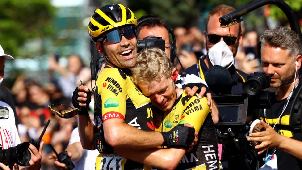 Tom Dumoulin and Koen Bouwman celebrate