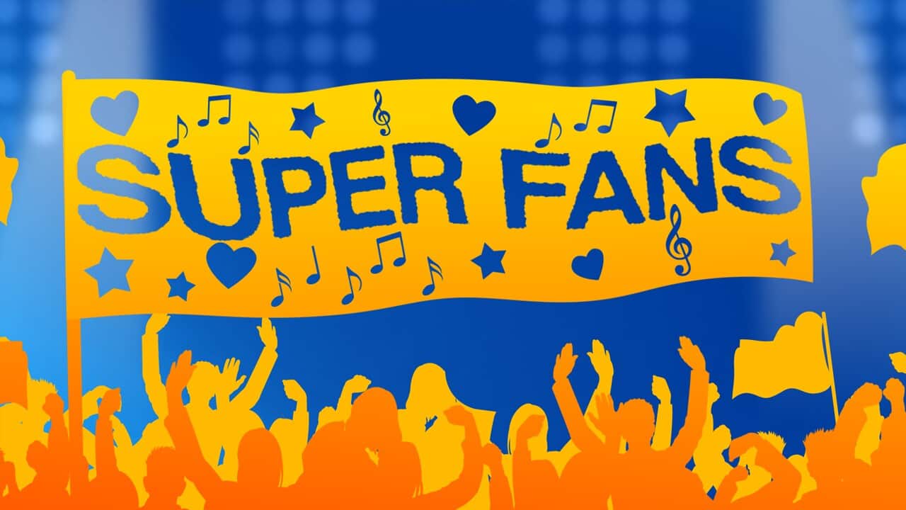 A graphic with the word super fans
