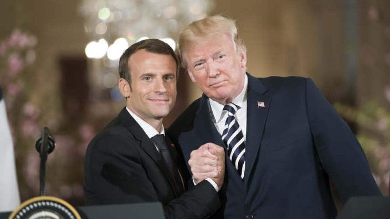 French President Emmanuel Macron and US President Donald Trump shakes hand during a presse conference, in the East Room, at White House, Washington DC on April 25, 2018. Photo By Eliot Blondet/ABACAPRESS.COM.