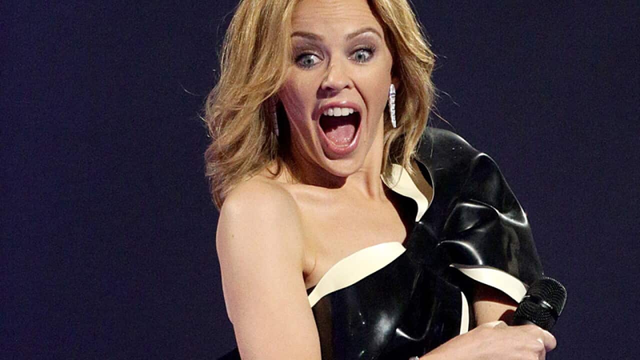 Kylie Minogue on stage during the 2014 Brit Awards
