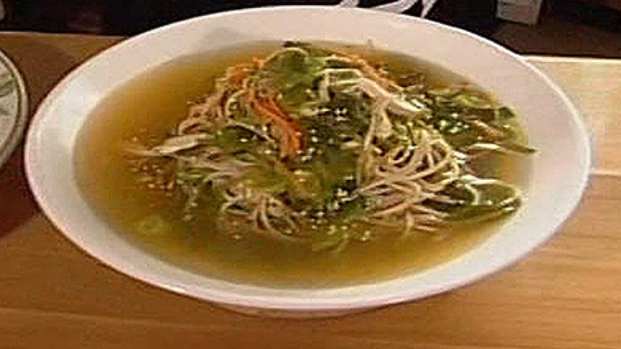 Chicken and wakame soup with buckwheat noodles