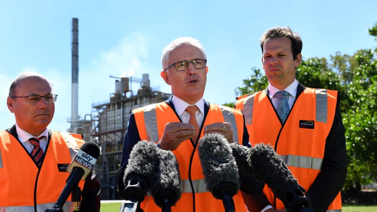 Prime Minister Malcolm Turnbull (centre), Industry Minister Arthur Sinodinos (left) and Minister for Resources Matt Canavan address the media on April 27