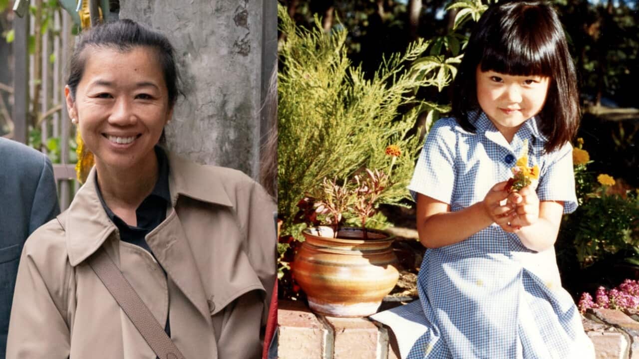A composite of a woman in a beige jacket and a young girl holding yellow flowers.