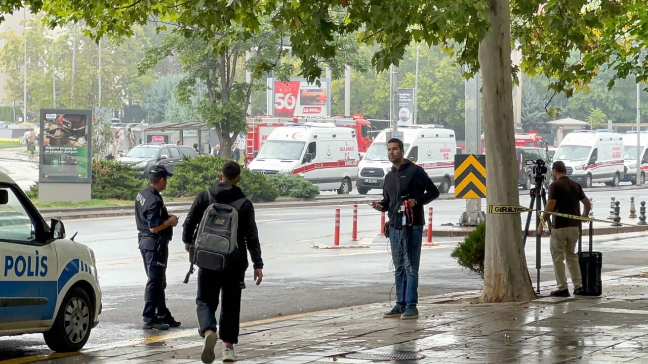 Security measures put in place near the Turkish Interior Ministry building after a bomb attack (AAP)