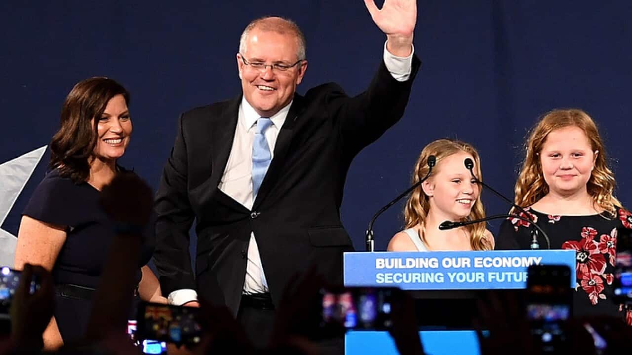 Australian Prime Minister Scott Morrison with wife Jenny children Abbey and Lily after winning the Federal Election