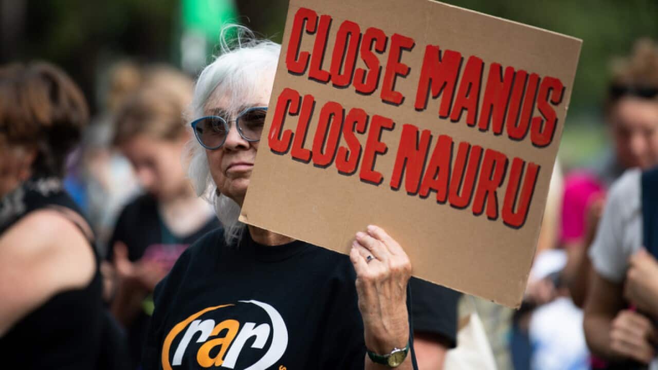 Refugee advocates seen during Rally for refugees at Belmore Park in Sydney in April