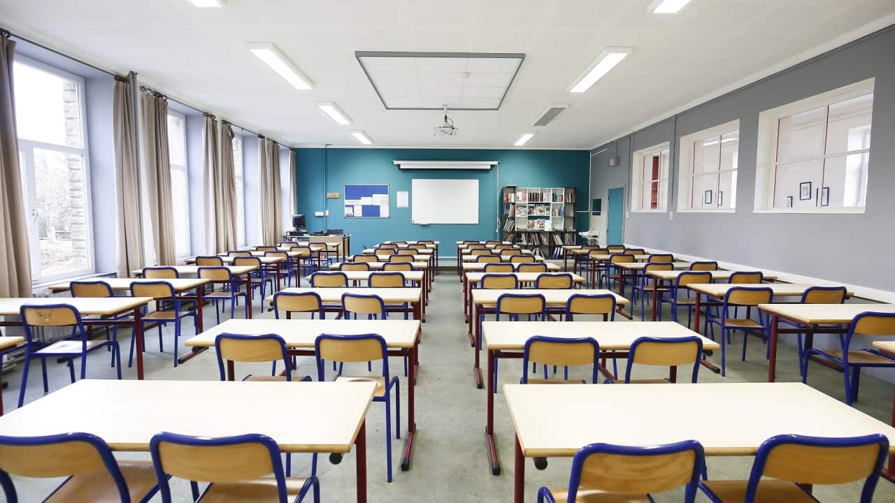 An empty classroom at a secondary school in Izel, Province of Luxembourg, Belgium, 27 October 2020. Secondary schools will be closed for 15 days in Belgium starting 28 october amid the ongoing coronavirus pandemic. EPA/JULIEN WARNAND