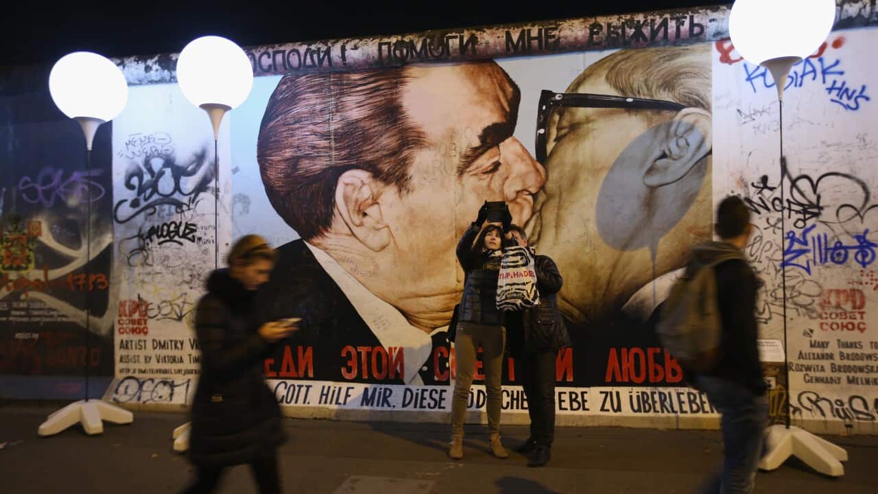 Mural under lights for Berlin Wall, 25th anniversary 