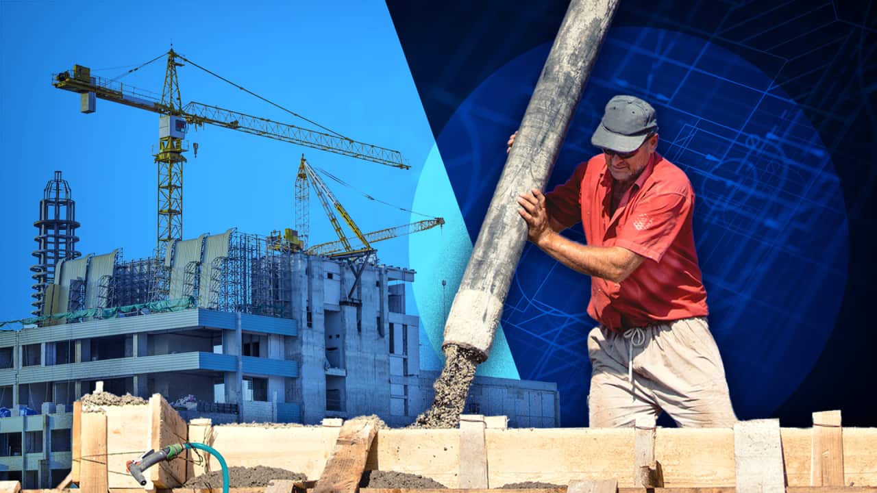 A composite of construction sites and a builder pouring concrete