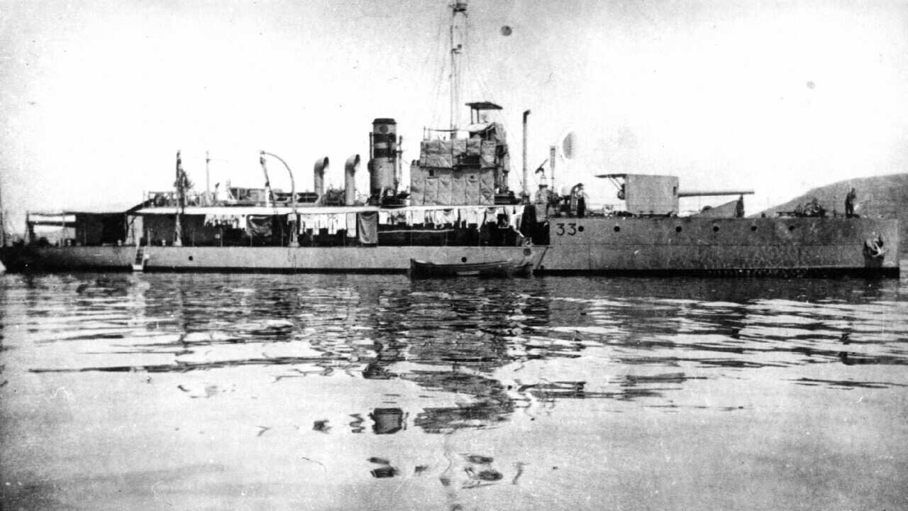 The only surviving Allied warship from the Gallipoli Campaign, HMS M33, pictured off Mudros, Greece, in 1915