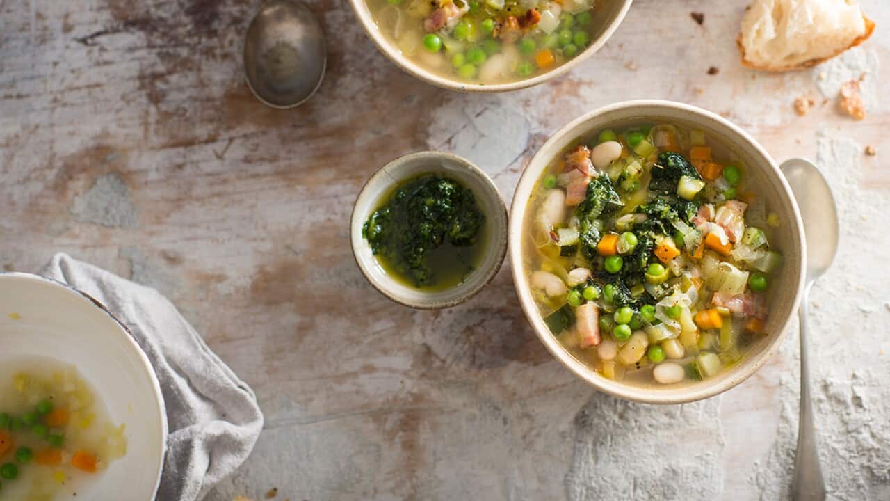 White bean and bacon soup with pistou