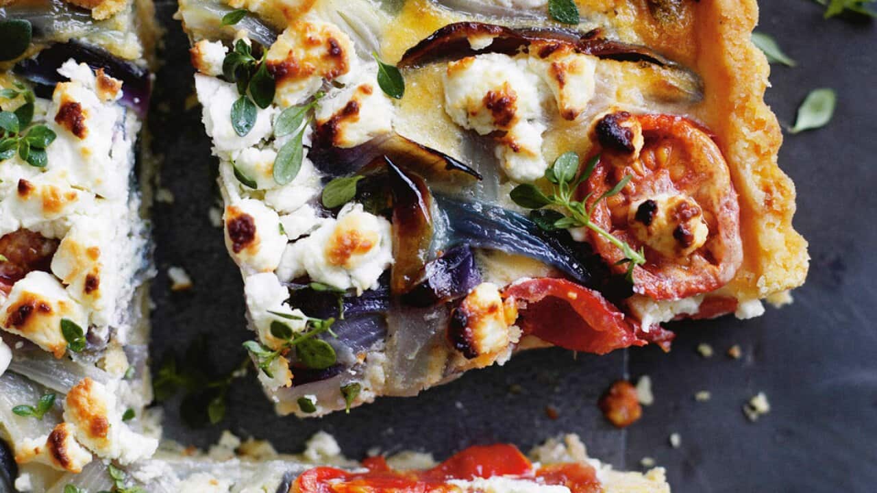 Tomato, onion, goat's cheese tart