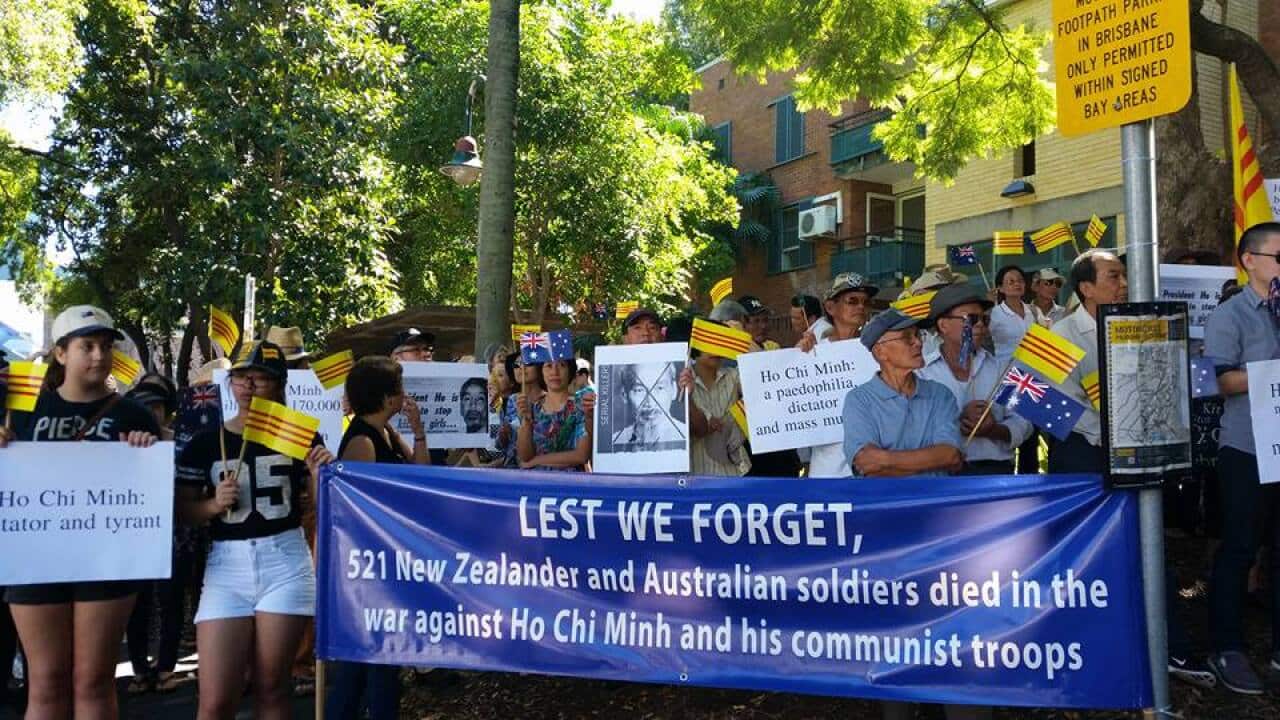 Protesters rally outside 'offensive' New Farm Uncle Ho restaurant