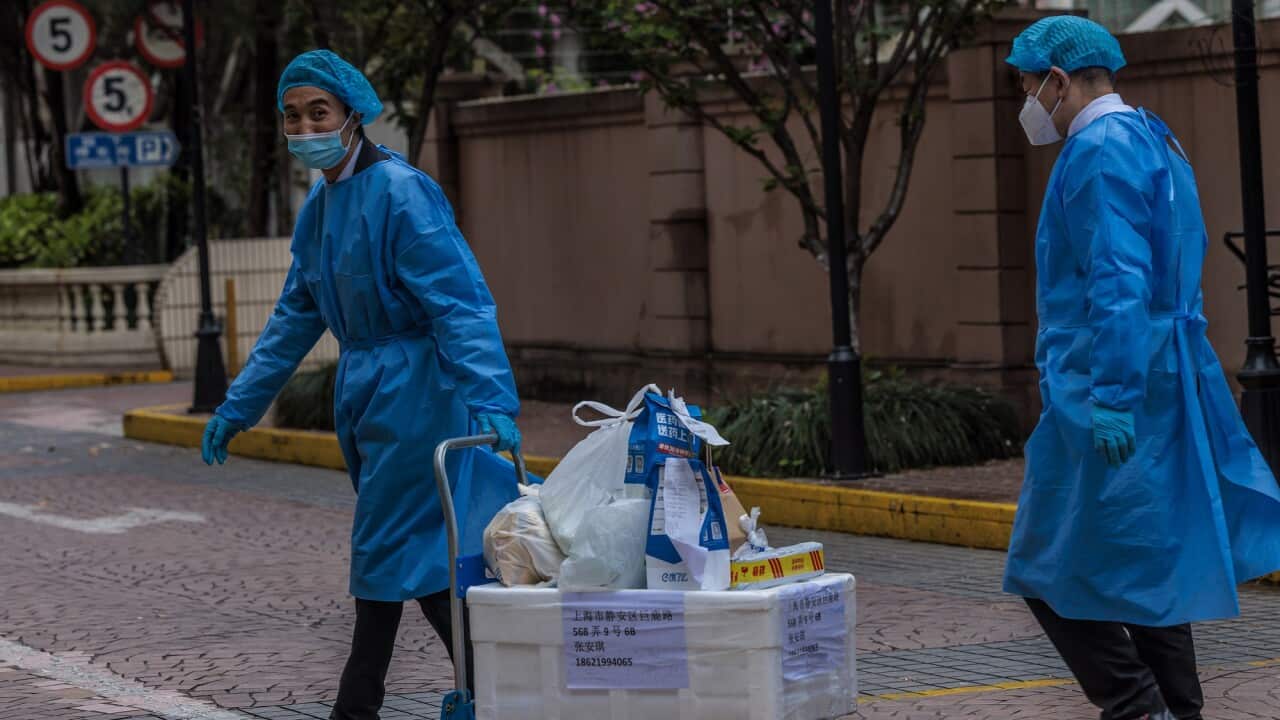 Two people walk with one pulling a trolley