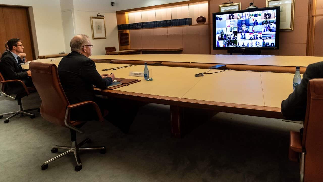 Australian Prime Minister Scott Morrison during an unusual G20 Leaders Summit to discuss the international coronavirus crisis at Parliament House