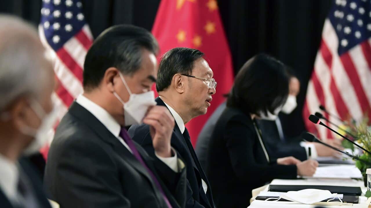 Chinese Communist Party foreign affairs chief Yang Jiechi and State Councilor Wang Yi at the opening session of US-China talks in Alaska, 18 March, 2021.