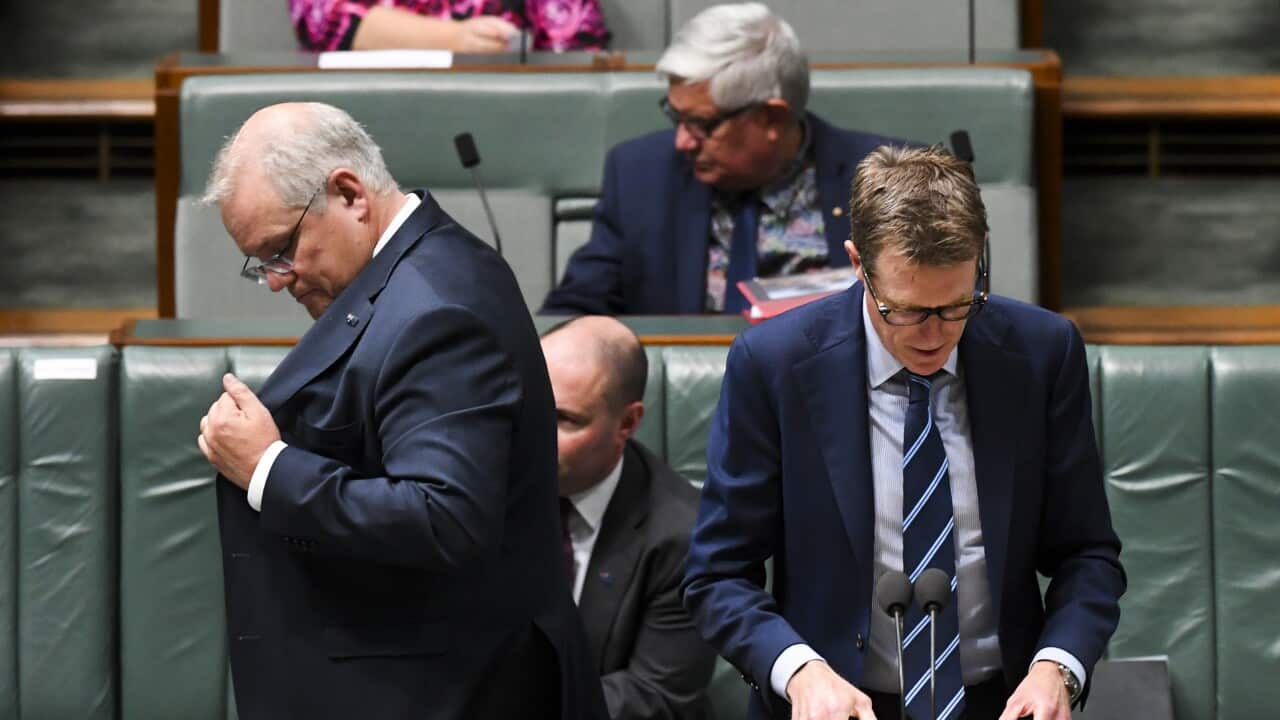 Australian Prime Minister Scott Morrison (left) and Australian Attorney-General Christian Porter in the House of Representatives at Parliament House.