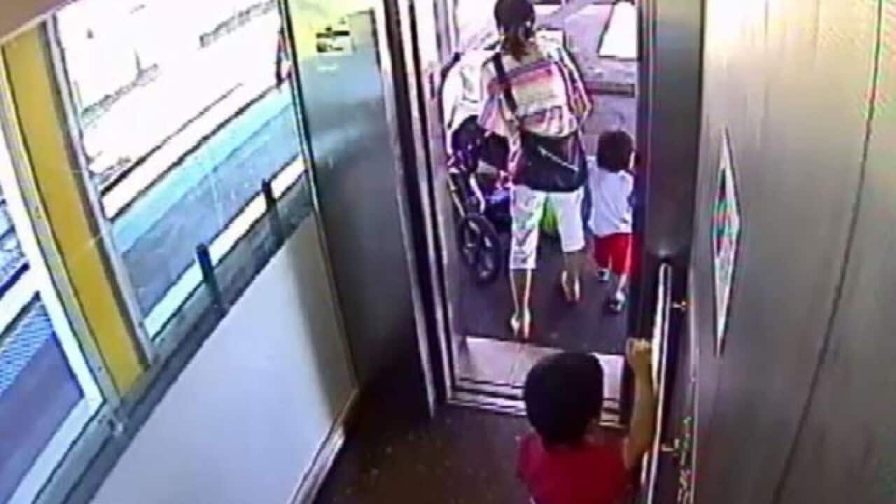 The family get off the lift at West Ryde but the eldest little boy gets trapped in the elevator before his mother lets of the pram for a second and it heads straight down on the tracks.