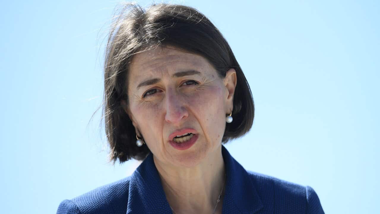 NSW Premier Gladys Berejiklian provides an update on the current Covid 19 situation during a media opportunity at the Prince of Wales Hospital redevelopment in Randwick, Sydney, Monday, March 15, 2021. (AAP Image/Dean Lewins) NO ARCHIVING