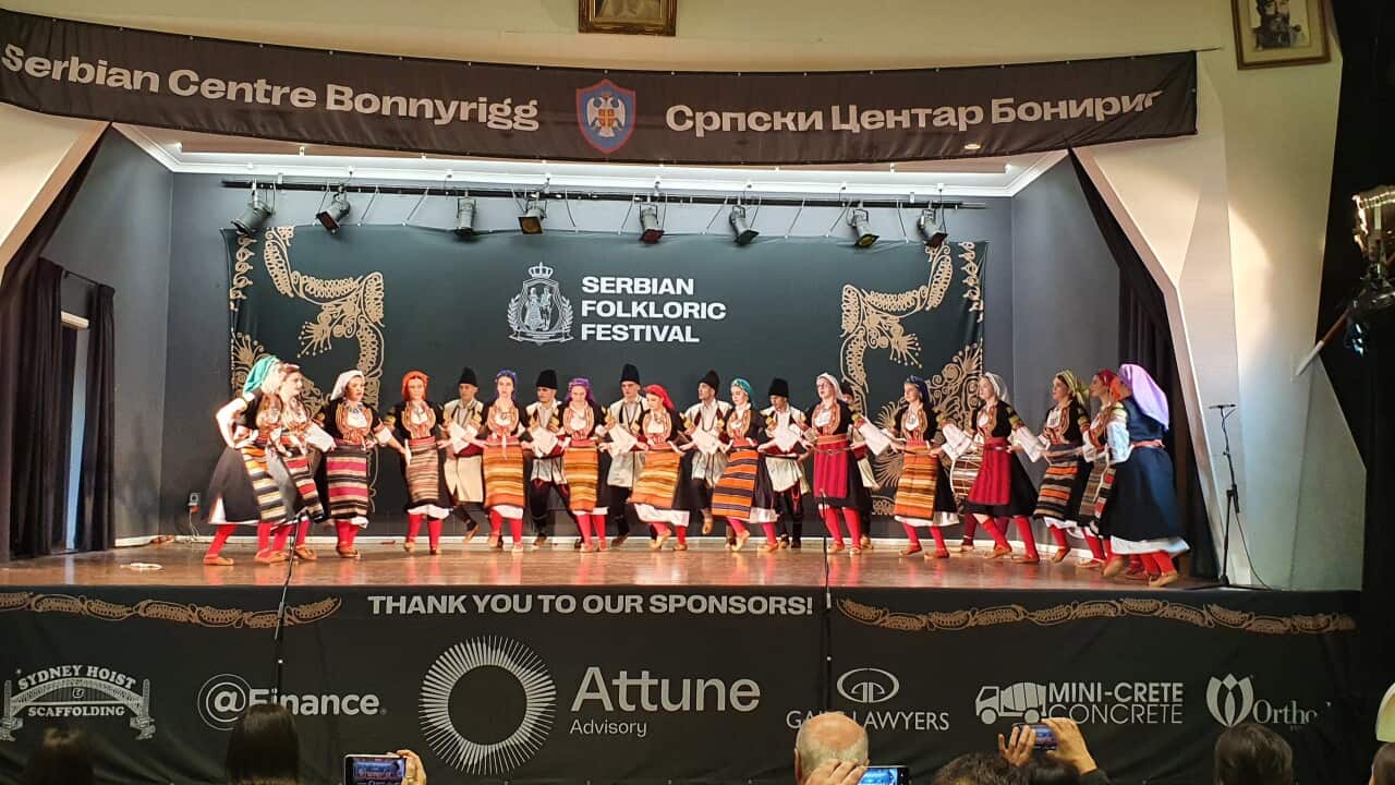 Serbian folkloric group Oplenac Adelaide performs on the stage in Bonnyrigg, Sydney, during the 2022 Serbian Folkloric Festival