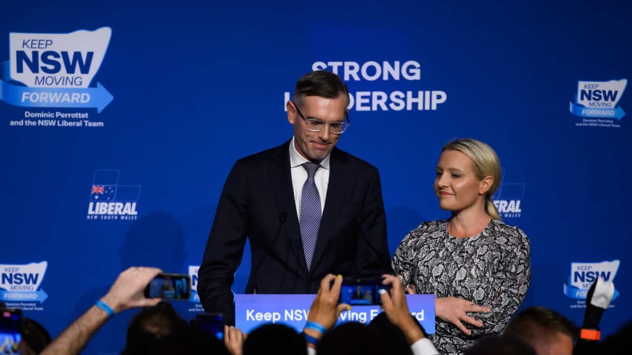 NSW Premier Dominic Perrottet speaking alongside his wife Helen Perrottet at a NSW Liberal Election Night Event, in Sydney,